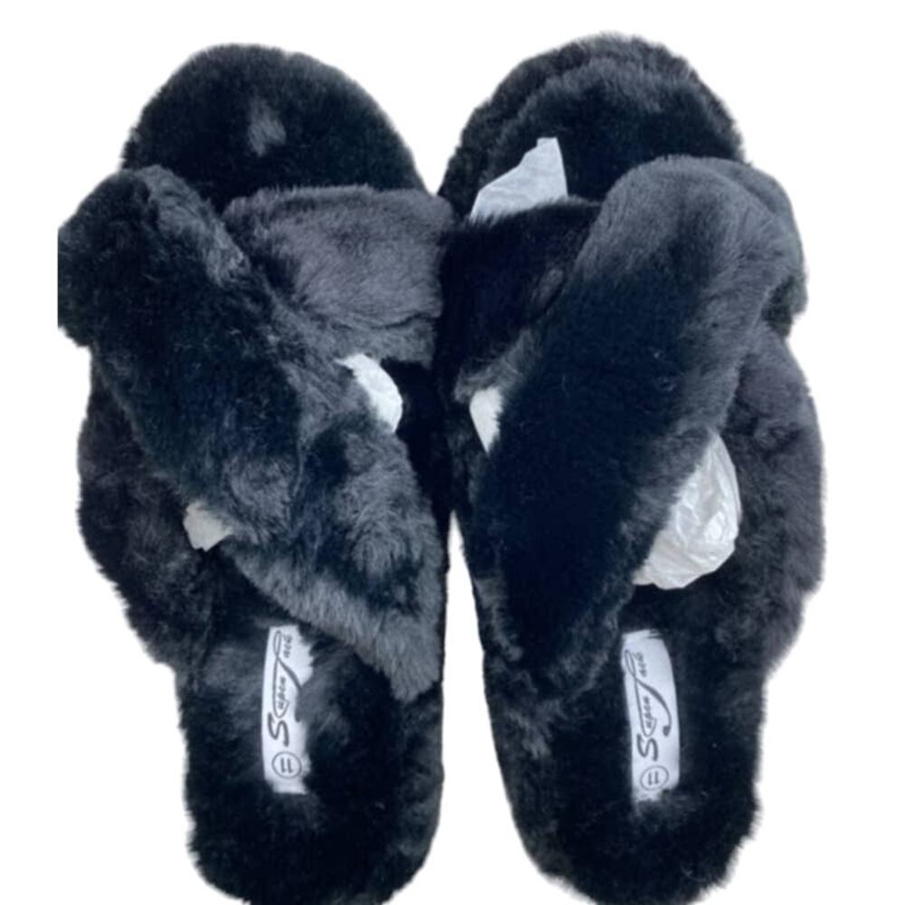 Super Jack Fuzzy Black Women's Size 11 Comfort Cross top Slippers NWB
